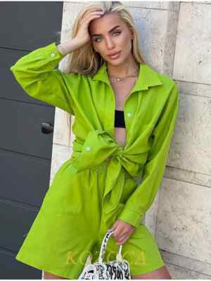 Two Piece Set Women Shorts Suit Lapel Long Sleeve Shirts Sets Pants Lady Outfits