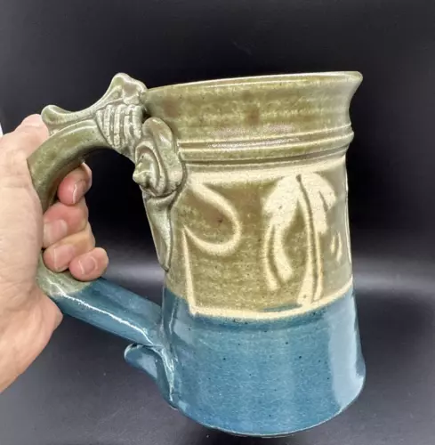 VTG Studio Art Pottery JOHN SCHULPS Signed Stoneware Green Blue Large Mug Thumb