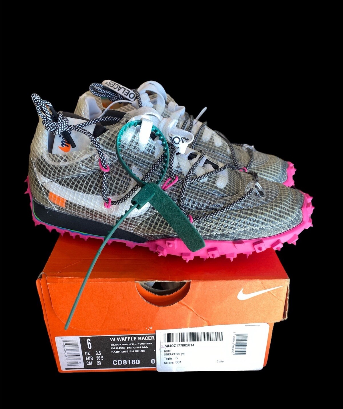 OFF WHITE X NIKE 8111) Nike Off White x Waffle Racer nero rosa fucsia CD8180 001 donna taglia 6