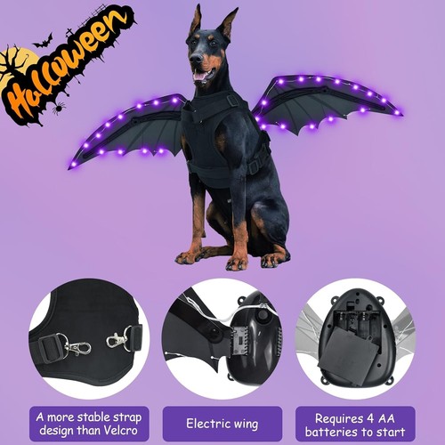 Light up Dog Halloween Costume, Halloween Dog Bat Wings Purple L - Picture 4 of 6