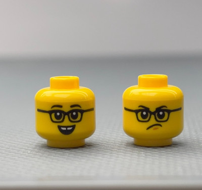 LEGO Minifigure Head Black Eyebrows Glasses Open Mouth Smile Gap in Teeth Frown