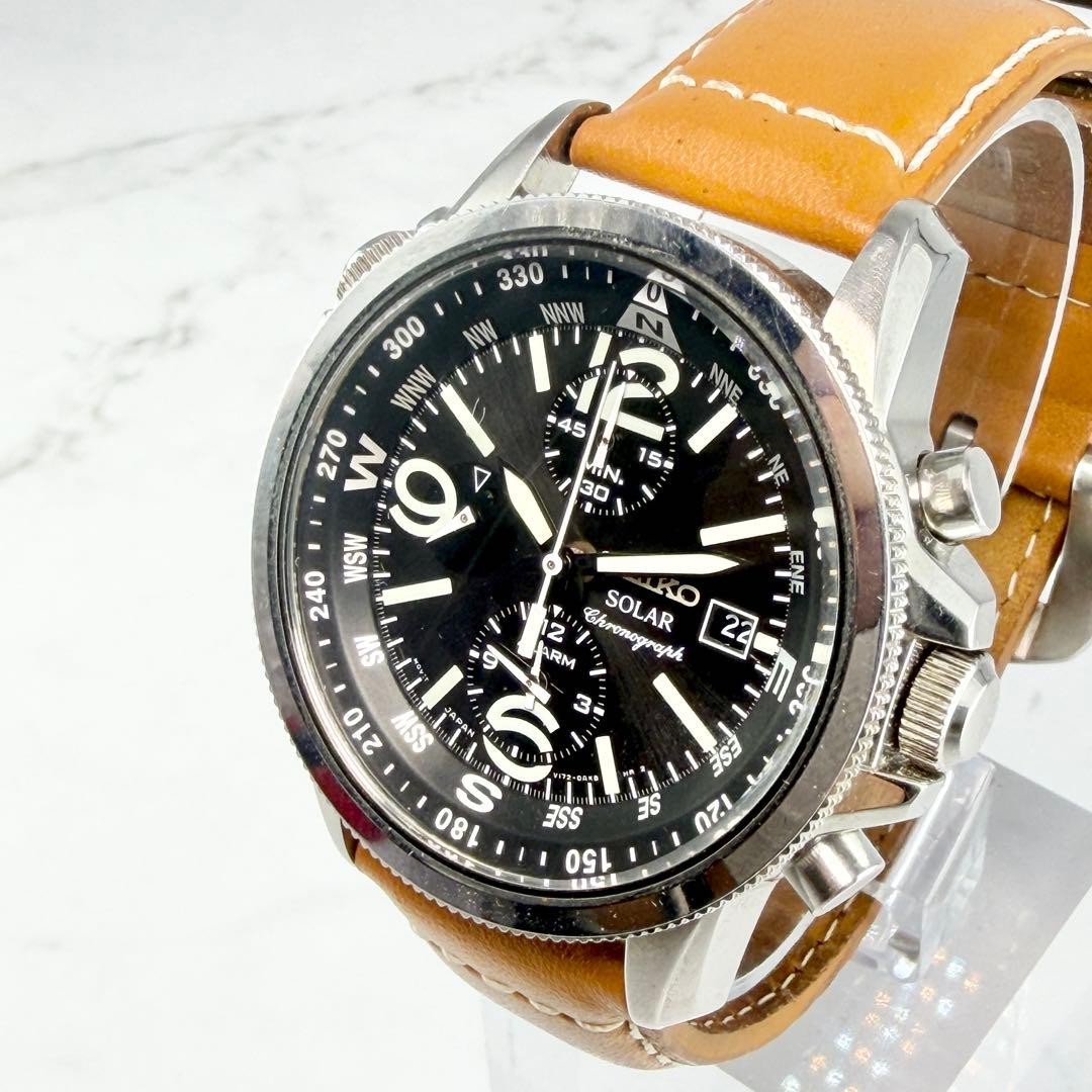 【稼働品】SEIKO ソーラー クロノグラフ パイロットウォッチ V172 Seiko Chronograph Solar V172 0AG0 Watch Mens World Time Series