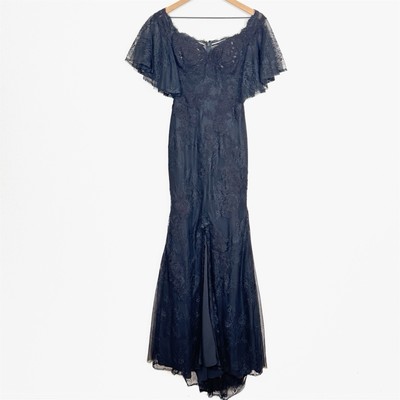 Badgley Mischka Dress Womens 0 Black Lace Maxi Gown Dark Romance Bridal  Feminine | eBay