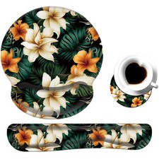 Keyboard Wrist Rest and Mouse Pad Medium, Green Leaves White Brown Flowers