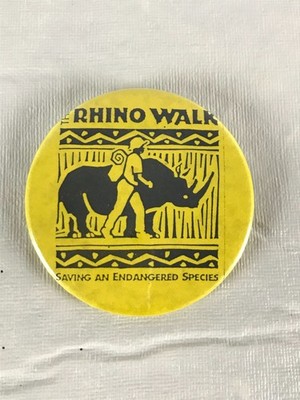 vintage ''The Rhino Walk'' Yellow Pinback Button Saving an Endangered Species