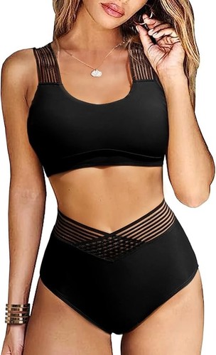 Womens Bikini Set Size M Racer Removable Padding Non Wired Mid Rise Mesh - Black - Picture 3 of 7