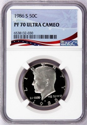 1986-S Proof Kennedy Half, Graded PF70UC by NGC ~ NEW Patriotic OSR Label!
