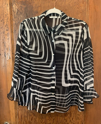 Nicola Women s L Black/White Geometric Chiffon Sheer Collared Button Blouse