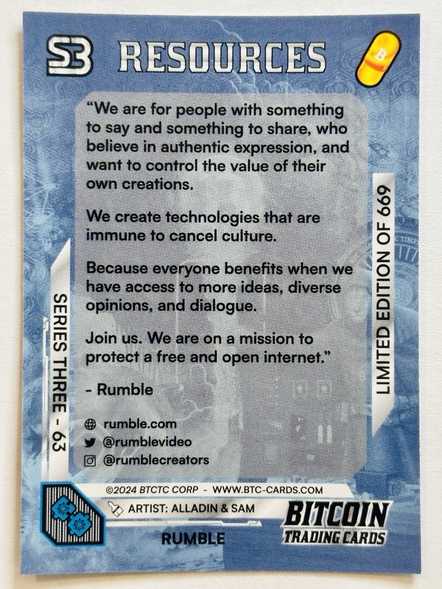 RUMBLE #63 2024 Bitcoin Trading Cards BTCTC Series 3 SILVER HOLO /669 | eBay