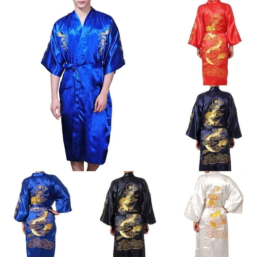 Mens Satin Chinese Dragon Kimono-Silk Bathrobe Pajamas Sleepwear Gown Bath Robe - Imagen 12 de 49