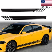 2pcs Black Sport Racing Lattice Stripe Graphic Body Side Skirt Vinyl Sticker
