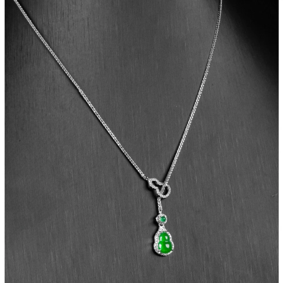 Natural Green Calabash Pendent S925 Silver Inlay Jade Women Gourd Chain Necklace Foto 4 de 4