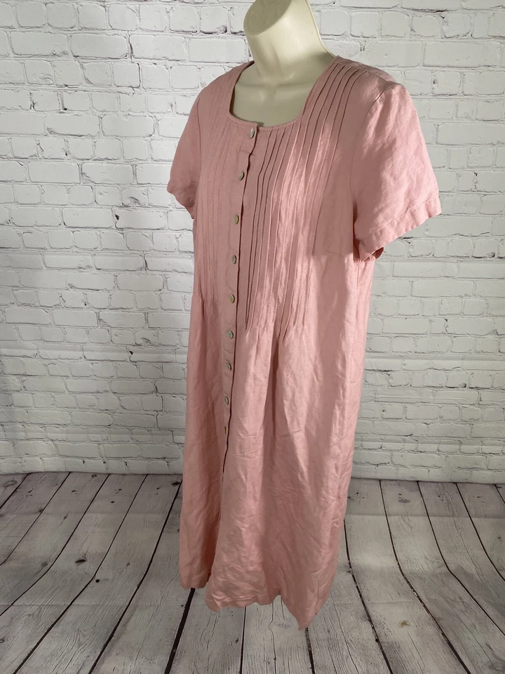 Vestido Plisado Orvis Rosa Pálido Concha de Ostra Botón Mezcla de Lino Talla Pequeña Grande Foto 3 de 4