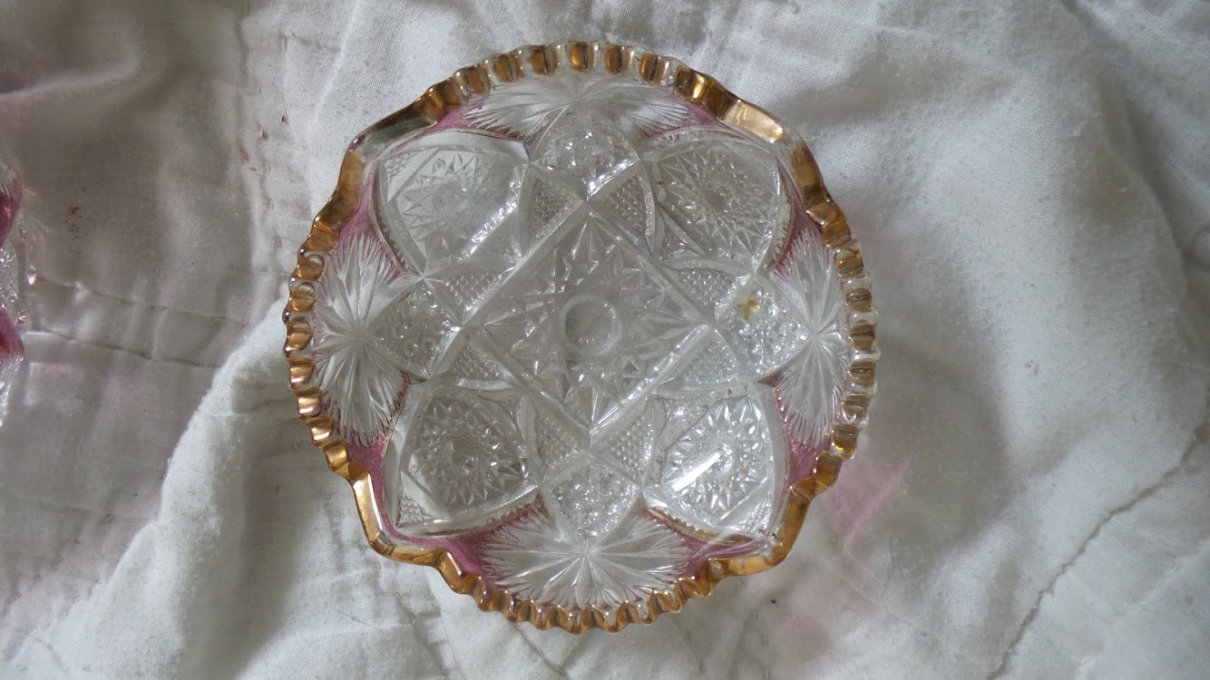 Vintage Pressed Glass Berry Bowl and 6 Individual Bowls Trimmed in Red