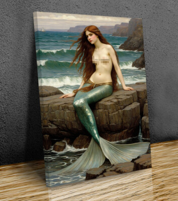Mermaid inspired John William Waterhouse art mounted canvas print