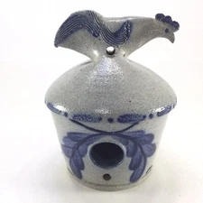 1985 Rowe Pottery Salt Glaze Bird House Stamped Cobalt Blue Stoneware Chicken
