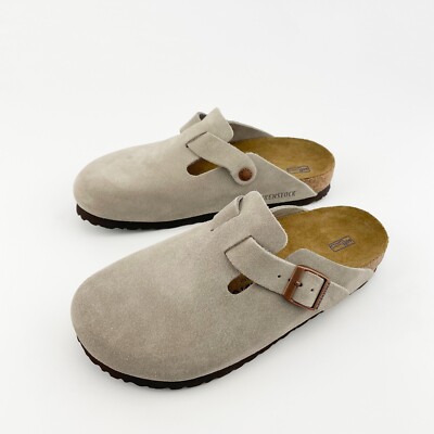 Birkenstock Boston Taupe Suede Leather Casual Comfort Clogs 