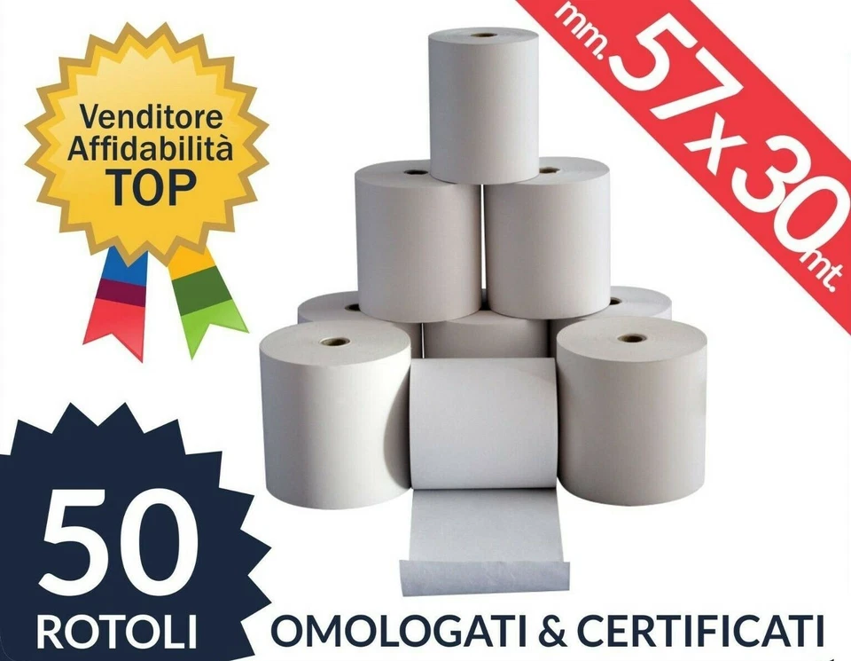 50 ROTOLI TERMICI 57x30mm. CARTA TERMICA FORO 12 OMOLOGATI REGISTRATORE CASSA
