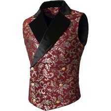 Gothic Men  s Victorian Red  Gold Double Breasted Vest Goth Steampunk Waistcoat