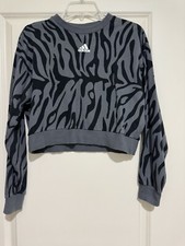 Adidas Gray Black Crop Top Animal Print Long Sleeve Sweatshirt US Size XS Tiger