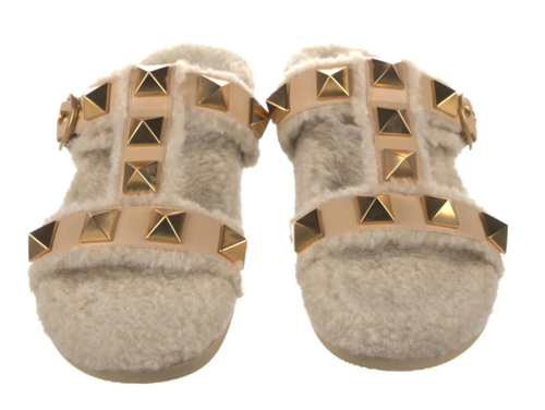 $890 Valentino Garavani Roman Stud Double Strap Slide Sandals Mules Shearling - 第 19/22 張圖片