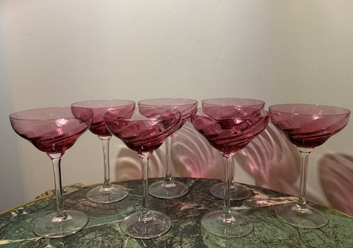 Victorian Cranberry Glass Swirled Stemmed Margarita Glasses Set Of 7 - Picture 3 of 7