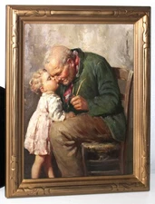 Enrico Frattini Painting Grandfather Grandchild Italy Gold Leaf Frame Signed