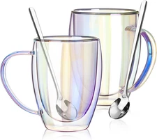 Double Walled Glass Coffee Mugs 12 OZ, Set of 2 Iridescent Glass Cups with Handl