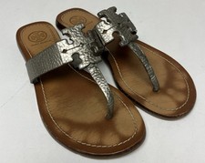 Tory Burch MOORE Women s Size 7 M Metallic Pewter Leather Logo Flip Flops Thong