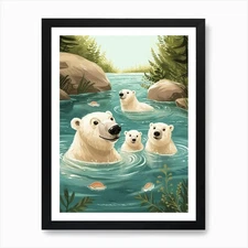 Polar Bear Family Swimming In A Riv Framed Wall Art Poster Canvas Print Picture