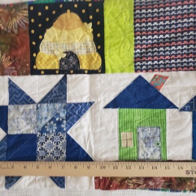 Handmade Quilted Pillow Cover Folk Art Houses Beehive Patchwork Lumbar 15½''x37''