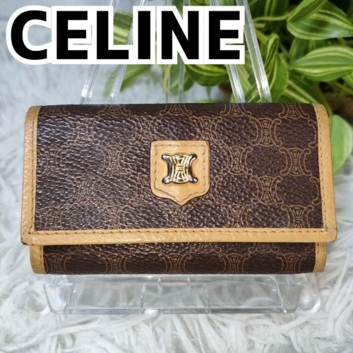 CELINE Key Case Macadam Triomphe Pelle Marrone Beige Sei Portachiavi Funzionante