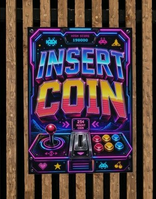 Retro Arcade Einsatz Münze Metall Wandrelief 10x8 Gamer Mann Höhle Wandbild 