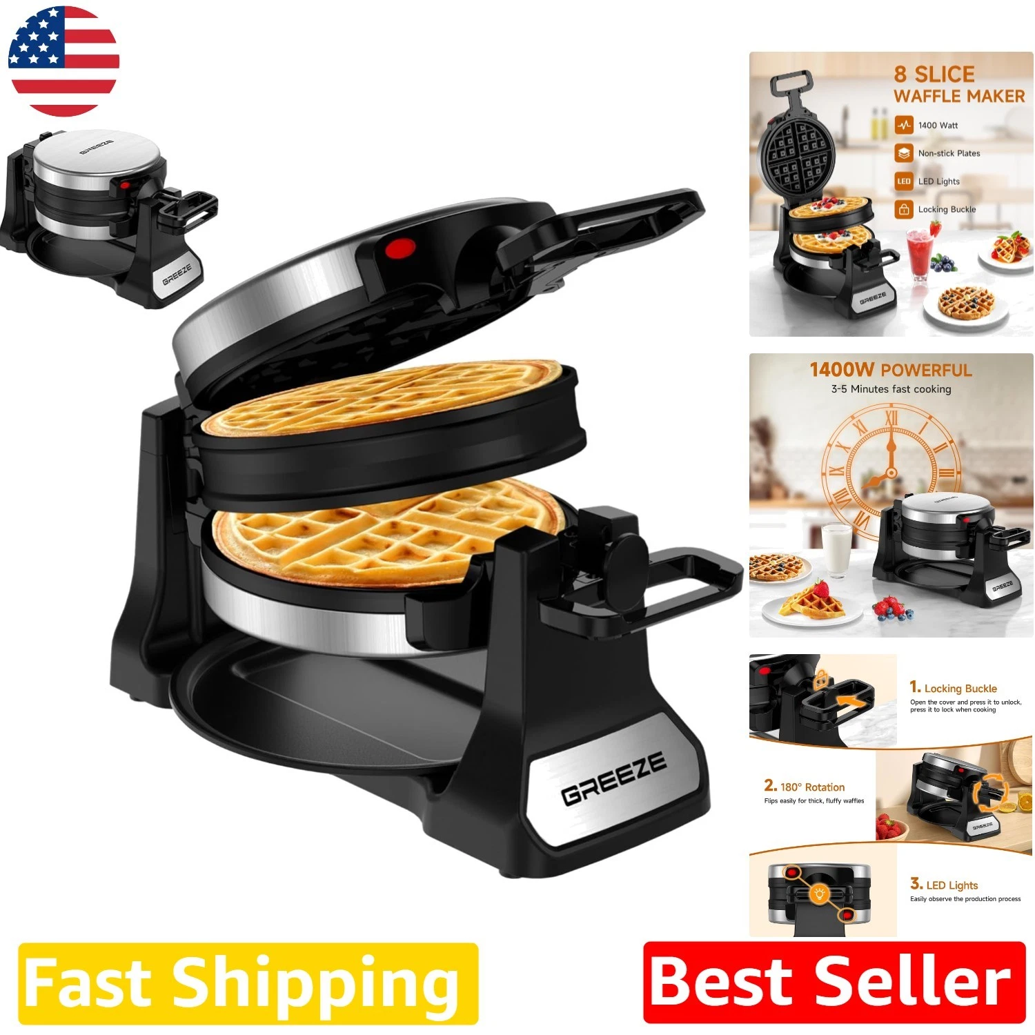 NEW Stainless Steel Waffle Maker, 1400W Double Belgian, 180° Flip, Easy Clean