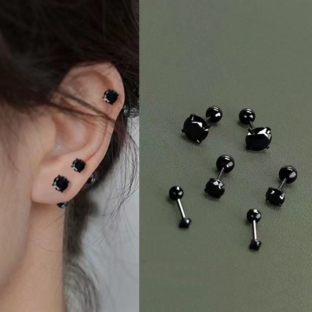 Women Hypoallergenic Black Small Round CZ Crystal Stud Earrings Set (3 Pairs)