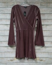 Express Ribbed Velour Long Bell Sleeve Faux Wrap Mini Dress Size XS Mauve NWT