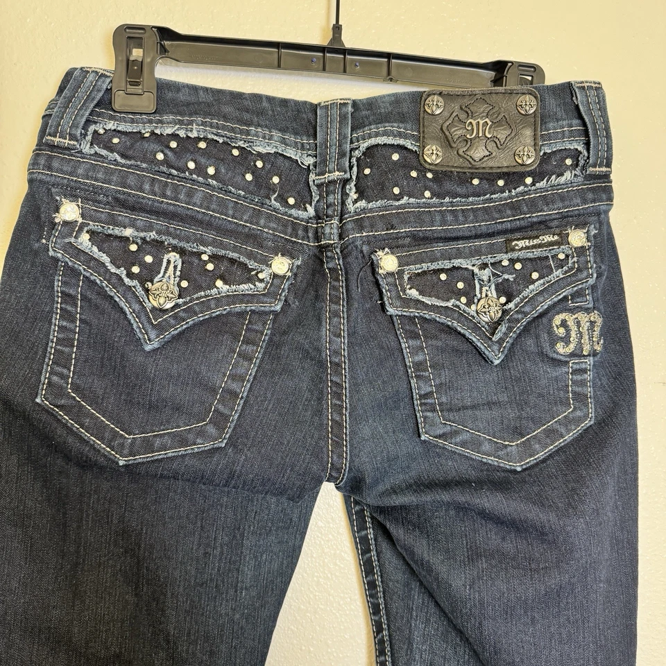 Miss Me Easy Boot Jeans Size 27 Dark Wash Embellished Pockets Hemmed 28” Petite - Image 2 of 4