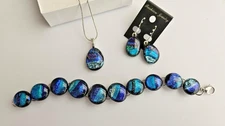 Handcrafted Teal, Purple, Silver Fused Dichroic Glass Pendant, Earring, Bracelet
