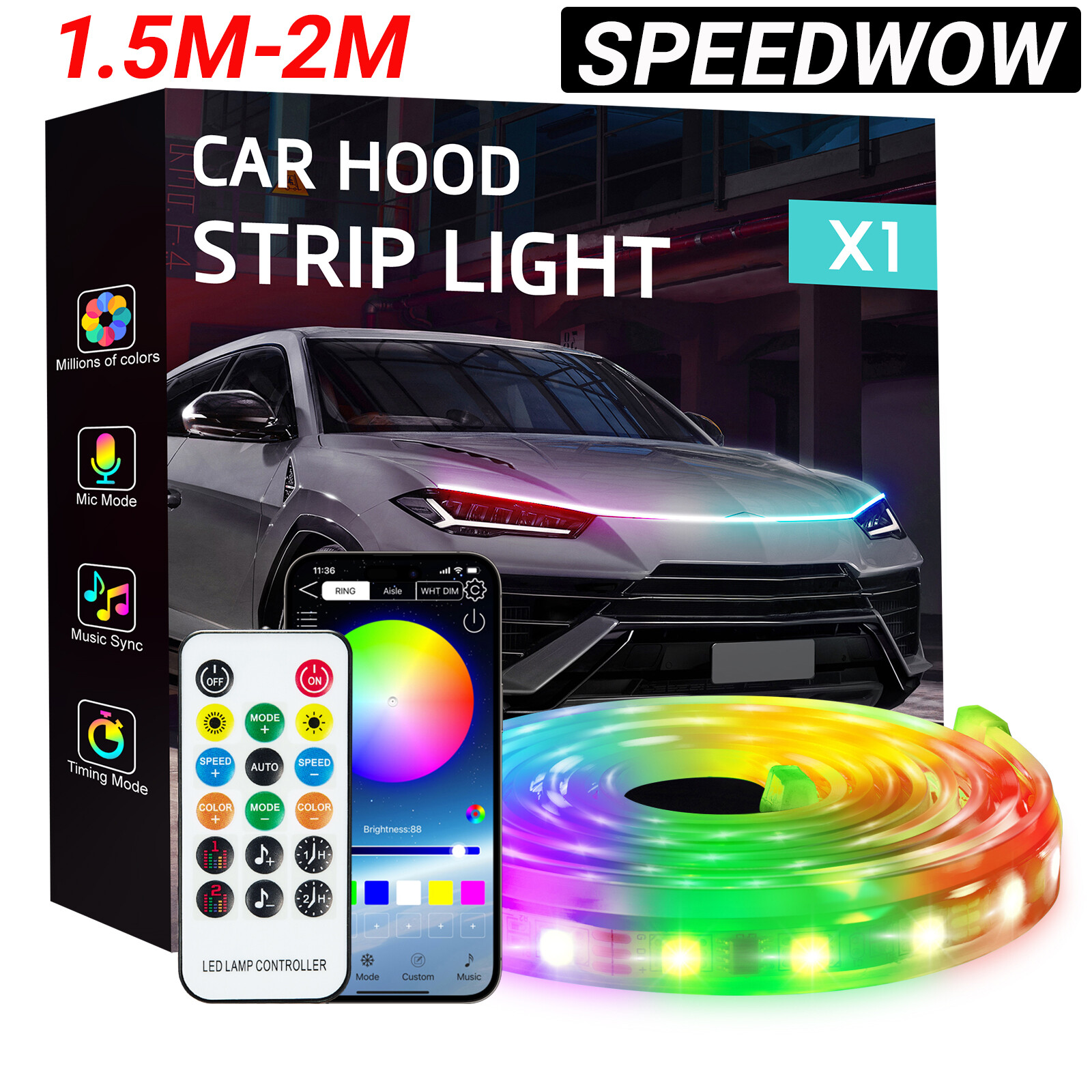 SPEEDWOW 2M-1.5M Flexible LED Car Hood Light Strip for Daytime Running Lights