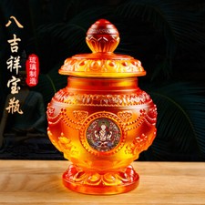 6.8" Glass Eight Auspicious Tibetan Lotus Vase for Buddhist Tibetan Ornaments