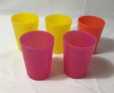 SET OF 5 CHILDREN'S PLASTIC CUPS / TUMBLERS / 4" TALL / PINK - ORANGE - YELLOW