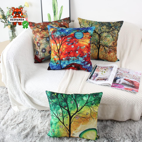 Fodere per Cuscini 45X45 Cm Set Da 4 Fodere Cuscini Alberi Colorati Quadrati Cop - Foto 2 di 12