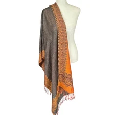 Pashmina women's black and orange rectangle scarf wrap shawl fringed edges