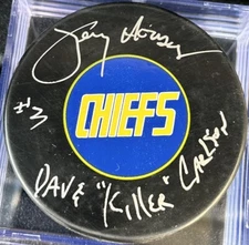 Jerry Houser Signed Charlestown Chiefs Slap Shot Hockey Puck Killer Carlson #3