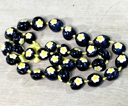 Hawaiian Kukui Nut Lei Yellow Color Hibiscus Flower Necklace