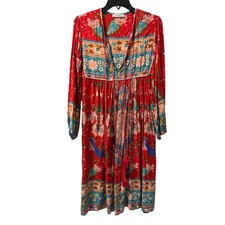 Bohemian Floral Peacock Print Long Sleeve Red Dress By R. Vivimos Size S