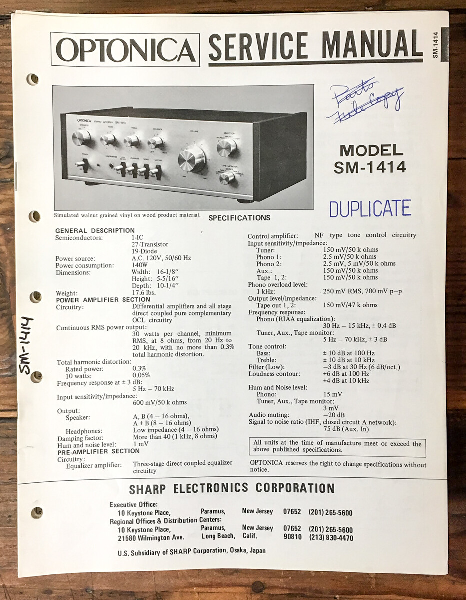 Sharp Optonica SM-1414 Integrated Amplifier Service Manual *Original*