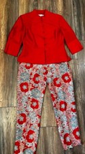 Adrianna Papell 100 Silk Red Floral Light Weight Jacket Pants Suit Set Sz 6P