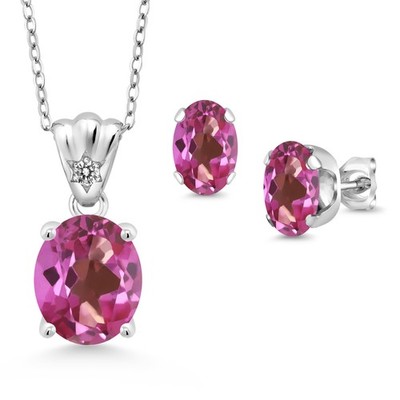 925 Sterling Silver Pink Mystic Topaz and Diamond Pendant and Earrings Jewelry