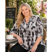 Simply Vera Vera Wang Womens S Floral Tunic Blouse Gray Black Roll Tab Sleeve